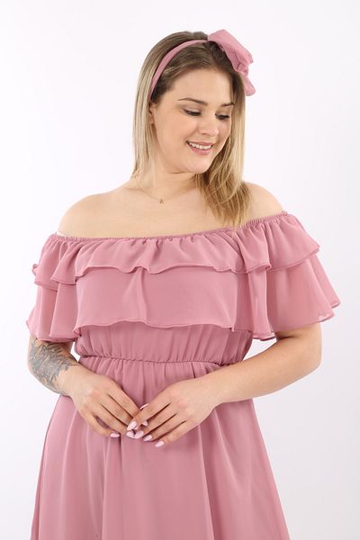 Azra Style Γυναικείο φόρεμα ροζ σιφόν με γιακά Carmen
