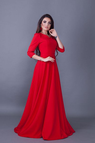 NO48 Red V-Neck 3/4 Sleeve Woven Draped Fabric Maxi Length Flared Evening Dress