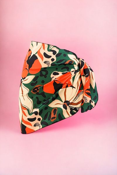 pistore Green Cream Flower and Leopard Print Short Pareo Satin Women's Beach Dress New Season