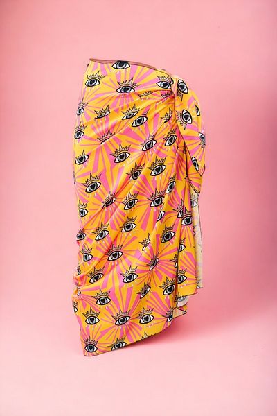 pistore Yellow Pink Eye Patterned Long Pareo Satin No-Show Women's Beach Dress New Season