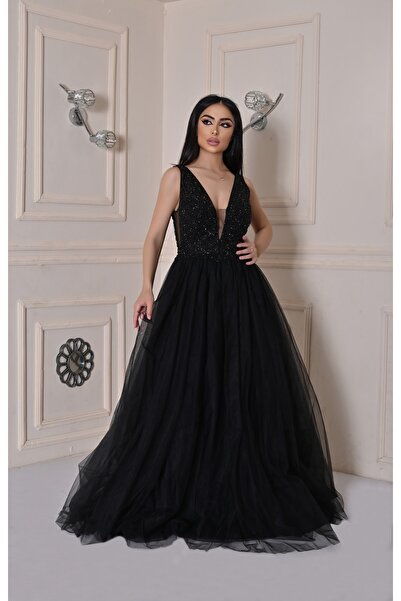 Kulis Siyah V Yaka Taşlı Tül Prenses Model Abiye