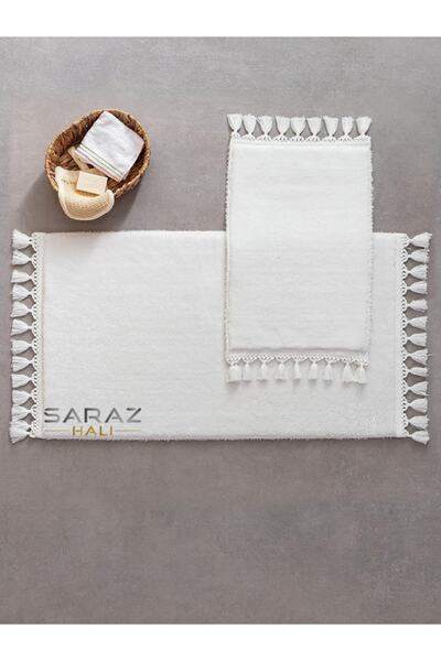 SARAZ HALI Covoraș de baie umflat, pachet de 2, alb, lavabil cu franjuri