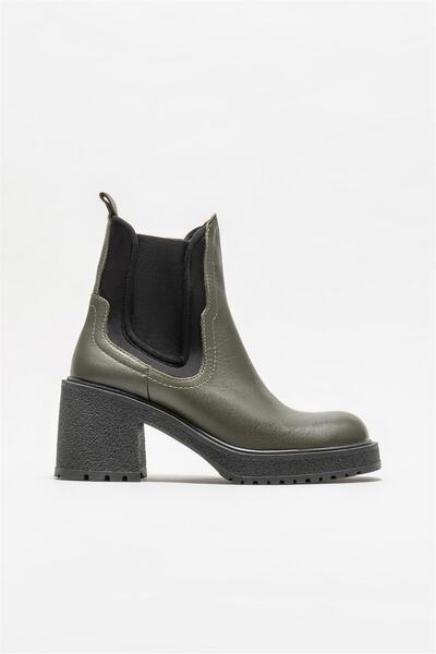 Elle Shoes Χακί Δερμάτινες Γυναικείες Μπότες με τακούνι