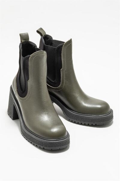Elle Shoes Χακί Δερμάτινες Γυναικείες Μπότες με τακούνι