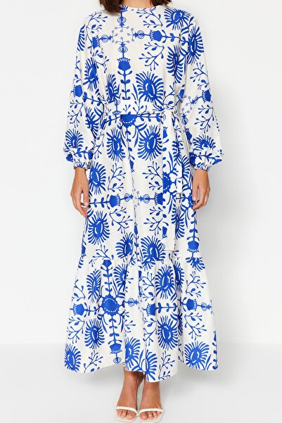 Trendyol Modest Rochie țesătă florală cu curea albastră TCTAW24EB00113