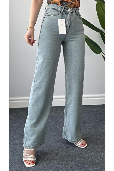 TugsatTasarTekstil Světle modré džíny Palazzo s vysokým pasem a širokými nohavicemi