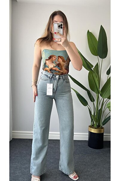 TugsatTasarTekstil Světle modré džíny Palazzo s vysokým pasem a širokými nohavicemi