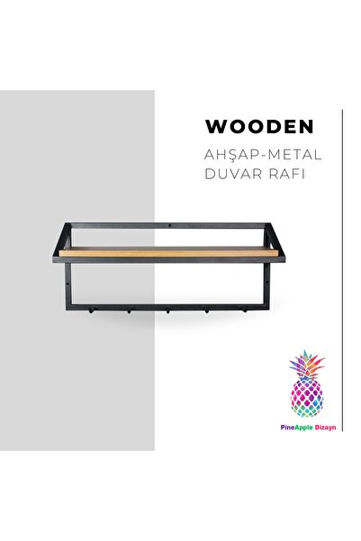 Pineapple Dizayn Wooden Duvar Rafı Ahşap Duvar Rafı Metal Askılık Duvar Askılığı