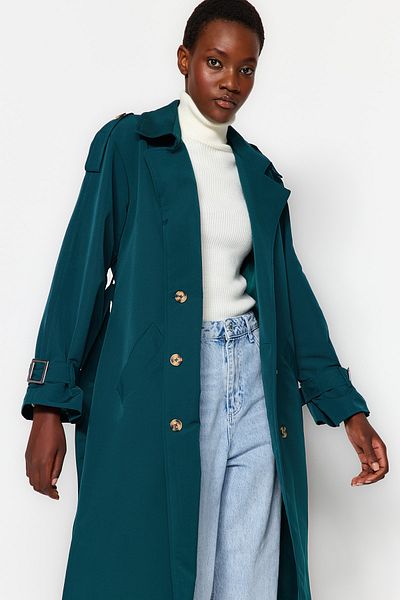Trendyol Collection Dunkelgrüner, übergroßer Windjacke mit Gürtel, detaillierter, wasserabweisender langer Trenchcoat TWOSS21TR0005