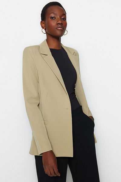 Trendyol Collection Leichte Khaki-Blazerjacke mit Leopardenmuster – normale Passform, gefüttert, gewebt TWOAW20CE0316