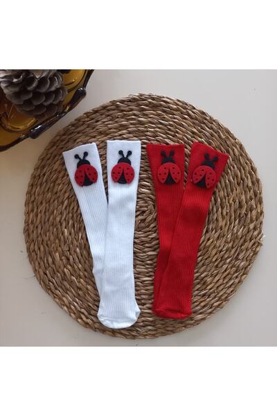MARS BABY Baby Girl White Red Ladybug Felt Figured Knee Socks