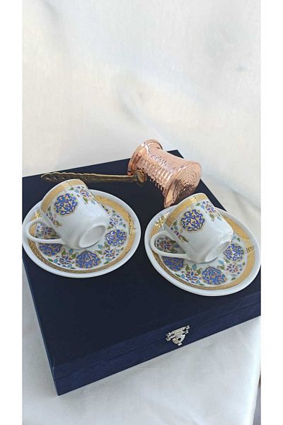 Nihal Süeda Velvet Boxed Copper Coffee Pot Palace Model Double Porcelain Cup Set