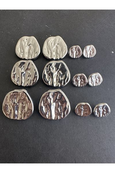 aensia Silver Silver Crinkle Curved Design Button Metal Button - Pack of 12 (6 Large+6 Small)