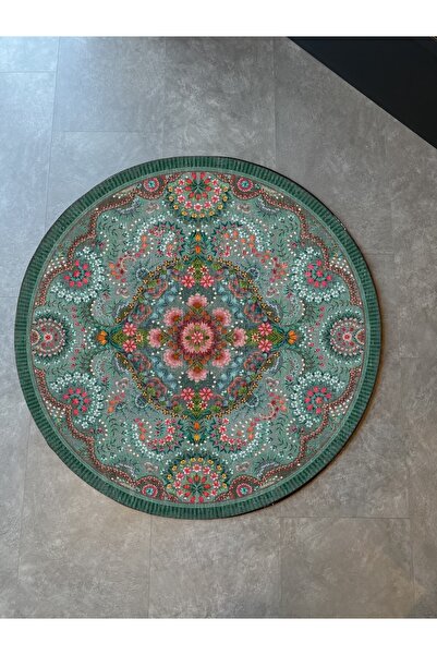 Rugs Modern Halı Yeşil Botanik Tema Pastel Renkli Dokuma Taban Yuvarlak Halı ...