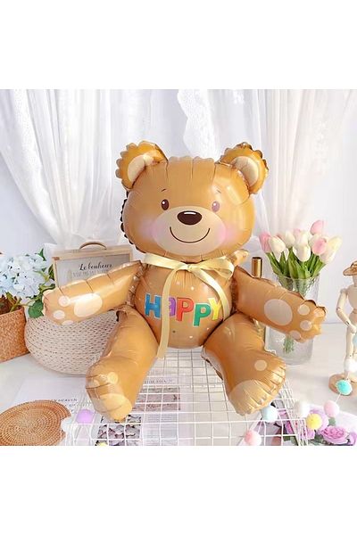 BAL10 DÜNYASI Sitting Bear Heart with Happy Text Foil and Latex Balloon Set