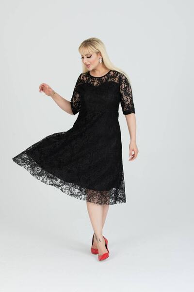 ModaSehle Large Size Lined Lace Fabric Short Sleeve Midi Length Black Dress