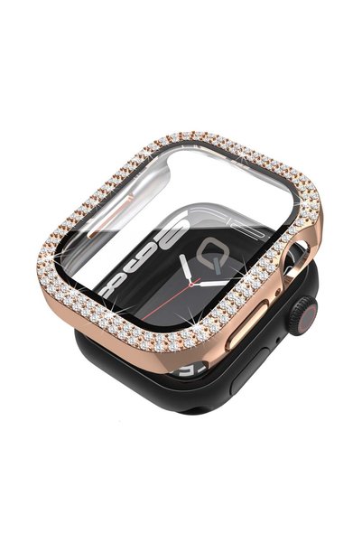 Quse Apple Watch 44mm Rose Gold Taşlı Kasa ve Ekran Koruyucu Kılıf – SE & Ser...