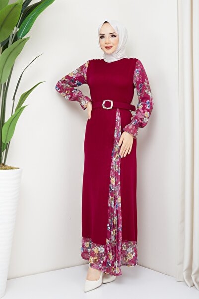 Feiza Collection Kapalı Yırtmaç Detaylı Tesettür Elbise Fuşya