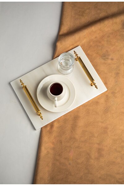 MERALP Mermer Damat Kahvesi Tepsisi Kahve Fincanı Bardak , Metal Profil Kulp