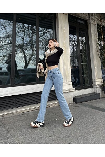 BROSERER بنطلون جينز Enna Ice Snow إسباني أزرق عالي الخصر أزرق ثلجي مغسول بنط...