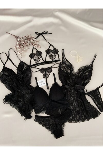 MH Moony Homewears 7'li Fantezi Siyah Gecelik Iç Giyim Seti