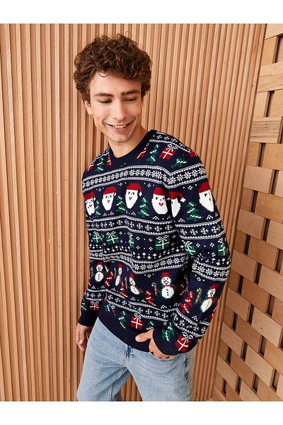 LC Waikiki Pánsky úpletový sveter s dlhým rukávom a novoročným motívom Crew Neck