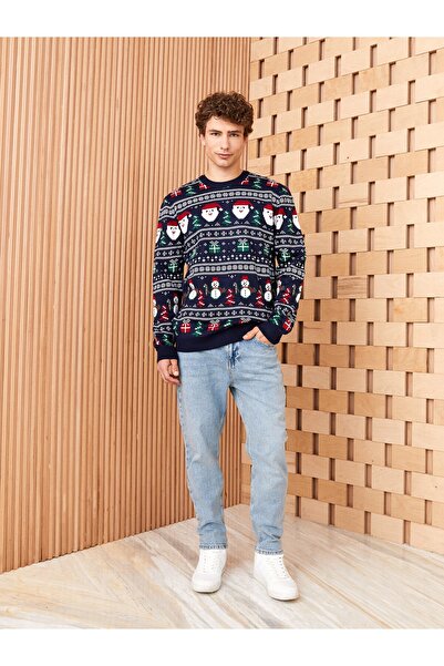 LC Waikiki Pánský pletený svetr s dlouhým rukávem a novoročním motivem Crew Neck