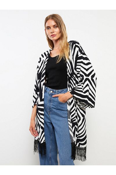 LC Waikiki Gemusterter, langärmliger Crinkle-Kimono für Damen mit Schalkragen