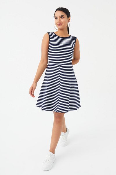 Hanna's by Hanna Darsa Women's Navy Blue-white Crew Neck Sleeveless Flared Dress Hn019