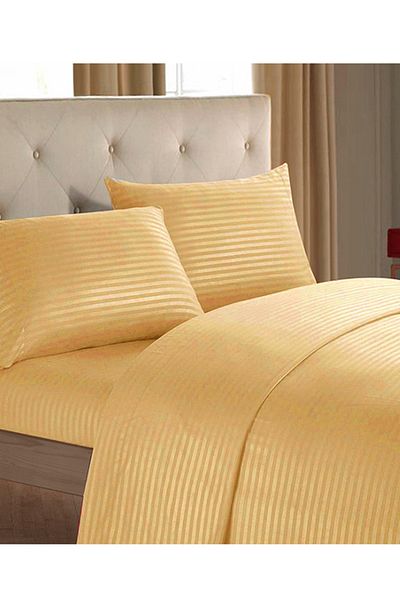 Evlen Home Collection طقم غطاء لحاف قطني مكون من 4 قطع طقم غطاء لحاف مخطط مزدوج | غطاء لحاف الفندق ذهبي