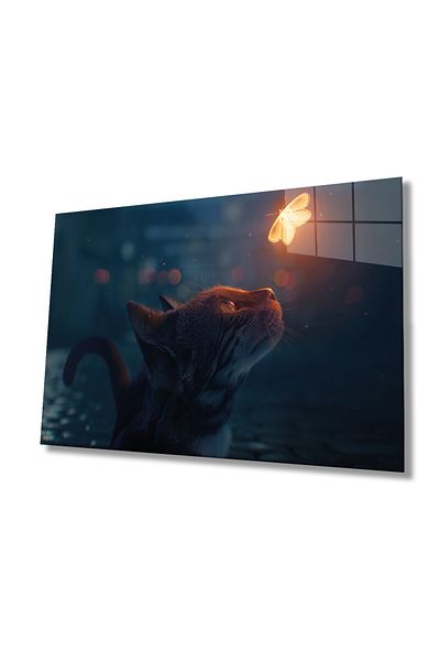 Rosyvien Pictură abstractă din sticlă cu pisică și fluture, cadou pentru decorarea peretelui pentru acasă și birou, sticlă temperată durabilă de 4 mm