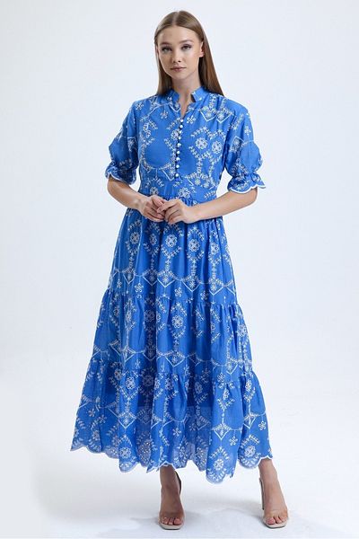 MD trend Women's Blue Full Collar Lined Buttoned Short Sleeve Long Scallop Dress