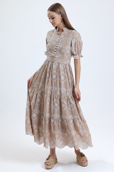 MD trend Women's Beige Collar Lined Buttoned Short Sleeve Long Scallop Dress
