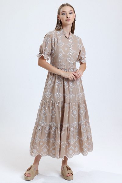 MD trend Women's Beige Collar Lined Buttoned Short Sleeve Long Scallop Dress