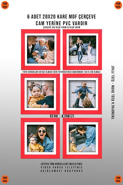 yhfoto 6 PIECES 20X20 SQUARE RED FRAME - MDF FRAME