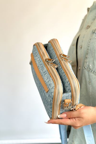 Just Polo حقيبة كتف نسائية كاجوال بحزام منسوج من القطن متوسطة الحجم مكونة من 5 أقسام 4023 جينز مفتوح