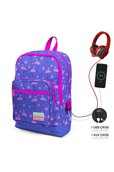 Coral High Kids Lavanta Pembe Flamingo Desenli Dört Bölmeli Usb'li Okul Sırt ...