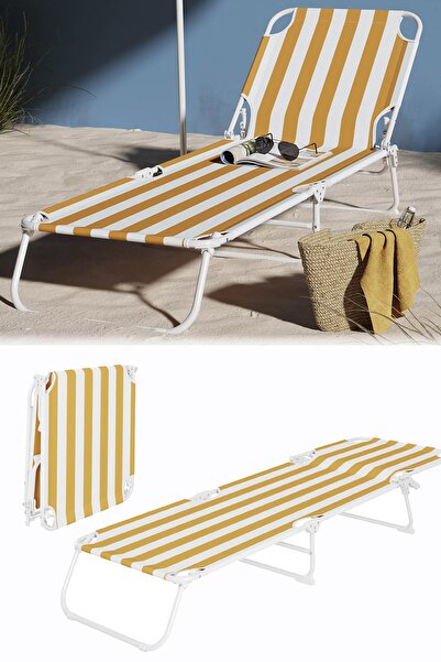 Binbirreyon Şezlong Katlanabilir Bahçe Plaj Şezlongu Sarı Beyaz 183cm AA355