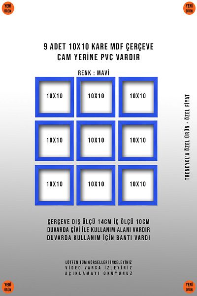 yhfoto 9 BUC 10X10 MINI CADRU ALBASTRU PĂTRAT - CADRU MDF