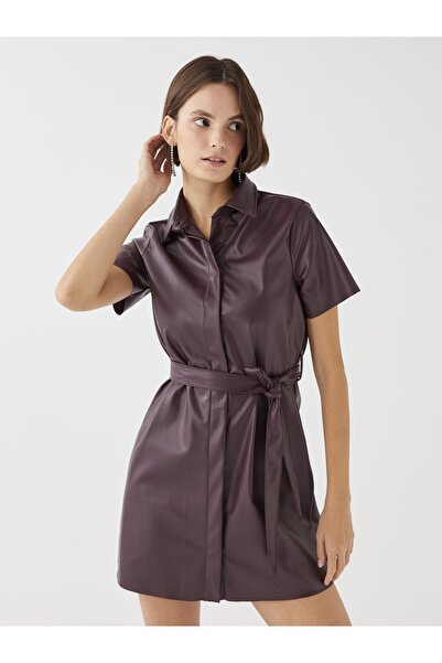 LC Waikiki Plain Short Sleeve Leather Look Women's Shirt Dress