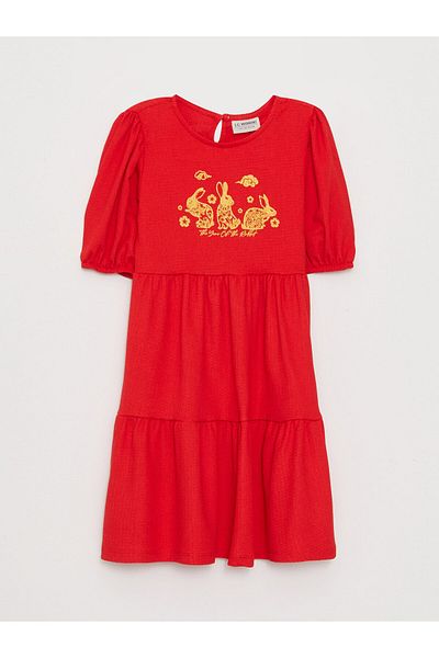 LC Waikiki Crew Neck Girl's Dress - Printed and Short Sleeve
