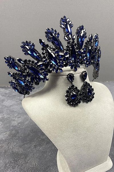 Hayalperest boncuk Navy Blue High Model Bridal Costume Crown Shuttle Stone Earring Set Henna Crown Bridal Wedding Crown