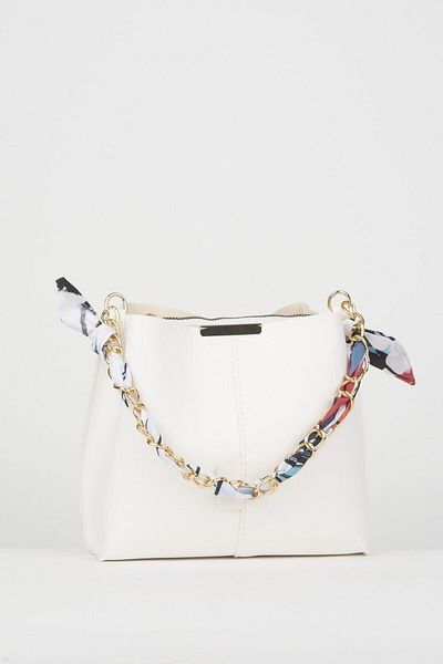 bibags Eșarfă albă și accesoriu cu lanț pentru femei Geantă de mână și geantă de umăr din piele moale cu 3 compartimente