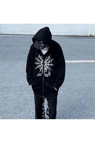Touz Heart Spider Web Printed Oversize Μαύρη ζακέτα με κουκούλα Unisex με φερμουάρ
