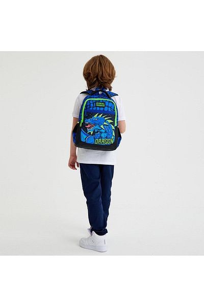 Yaygan Çanta Rucsac de școală cu trei compartimente cu model de dragon Saks negru pentru copii Coral High 23485