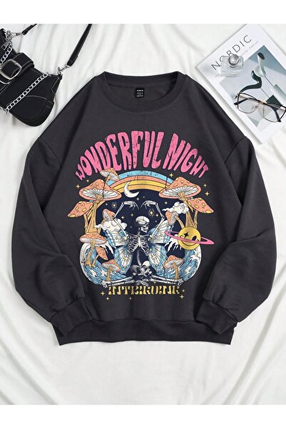 Adrift كود ADR-SHEN EZwear سويت شيرت بكتف منسدل وطباعة هيكل عظمي