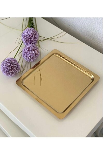 Kitchen Design Lab Paslanmaz Çelik Gold Renk Sunum Tepsisi 21 X21 Cm Çay Kahve Pasta Tatlı Servis Sunum Tepsisi 4 Adet