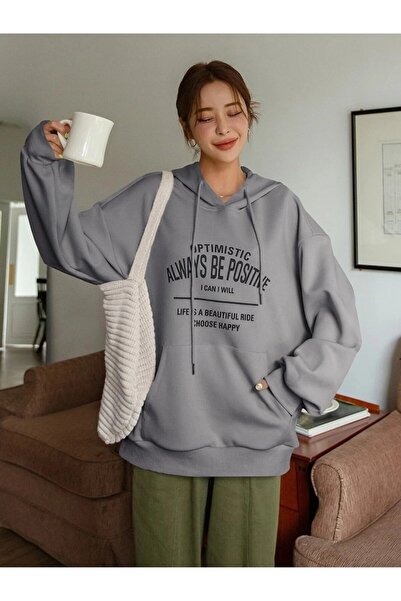 Machetta Unisex Always be Positive Baskılı 3 iplik Kapüşonlu Sweatshirt