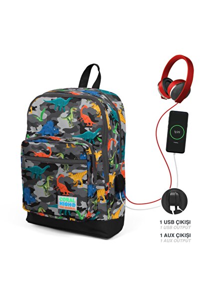 Coral High Kids Koyu Gri Siyah Kamuflaj Dinozor Desenli Dört Bölmeli Usb'li O...