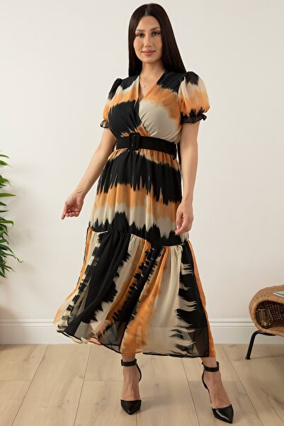 PULLIMM Double-breasted Collar Belted Chiffon Dress 3224